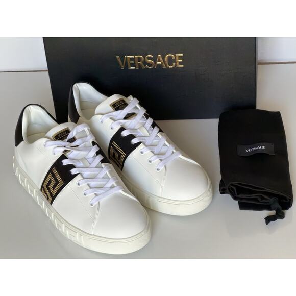 Versace Greek key Men\'s White/Black Leather Sneakers 13 US (46) 1014460 NIB $725 main image 4